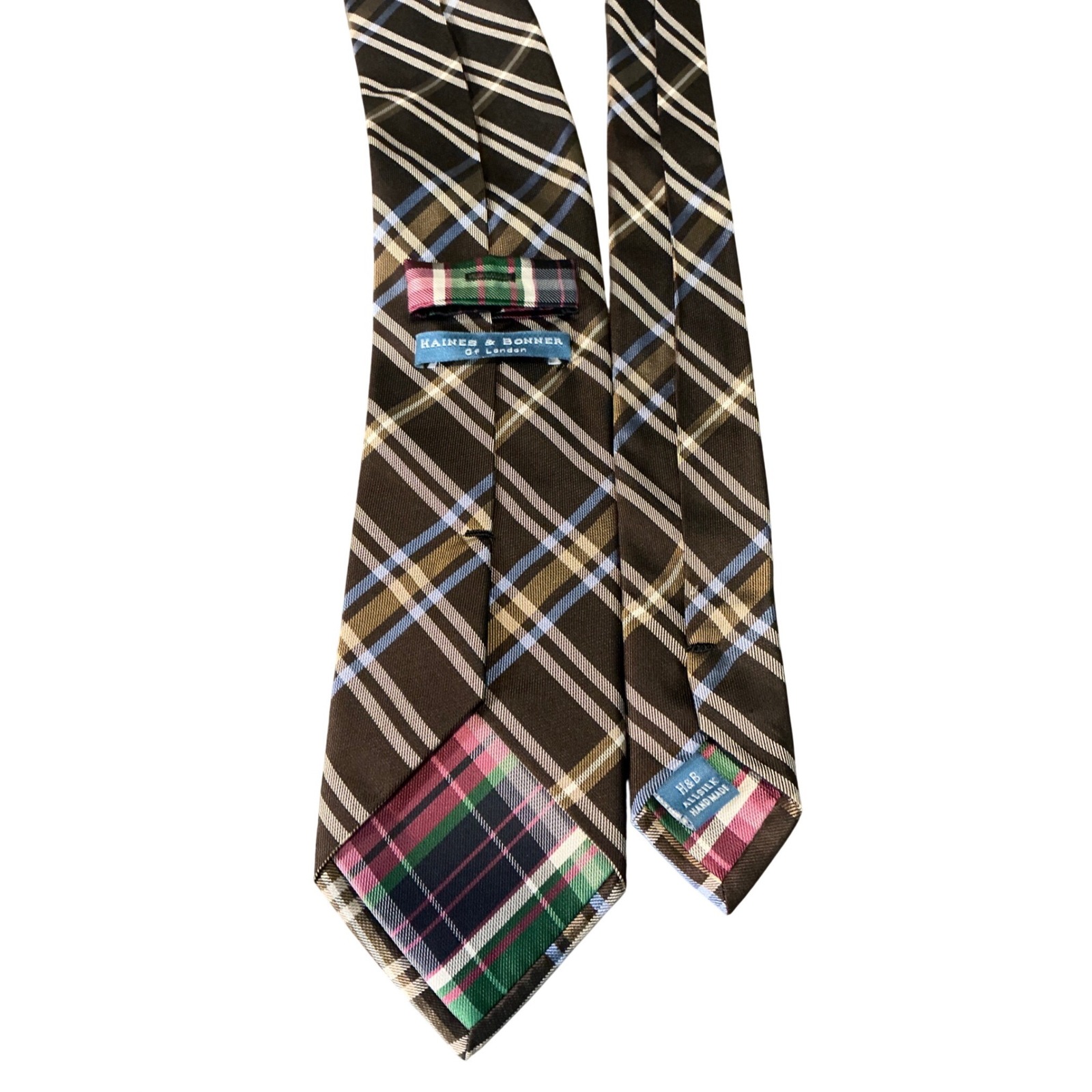 Haines & Bonner Of London Mens Silk Tie Brown Blue Plaid Handmade Necktie